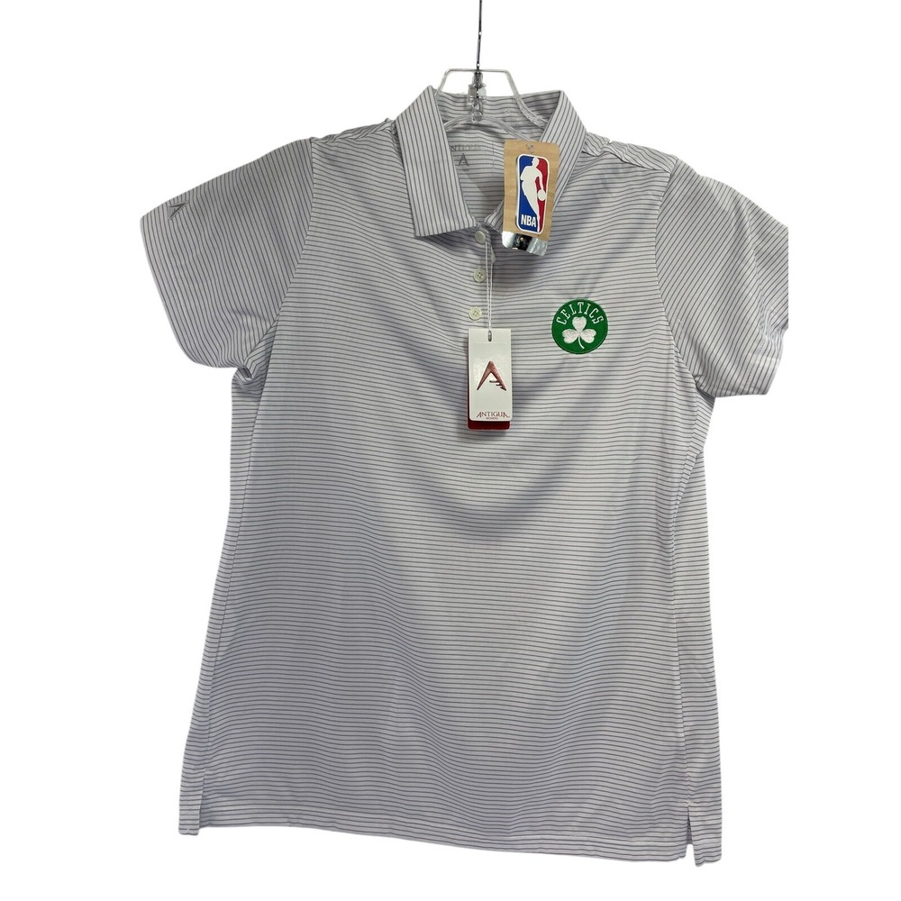 Boston Celtics‎ /Antigua Womens Medium White W/Grey Stripes Polo Shirt (E9) NWTs